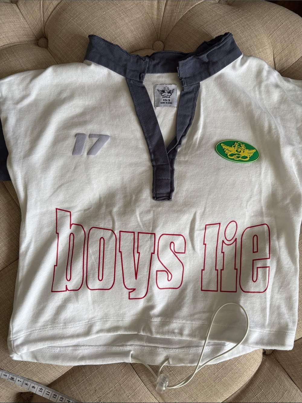 Boys Lie White Rugby-Style Crop Top with Navy Trim